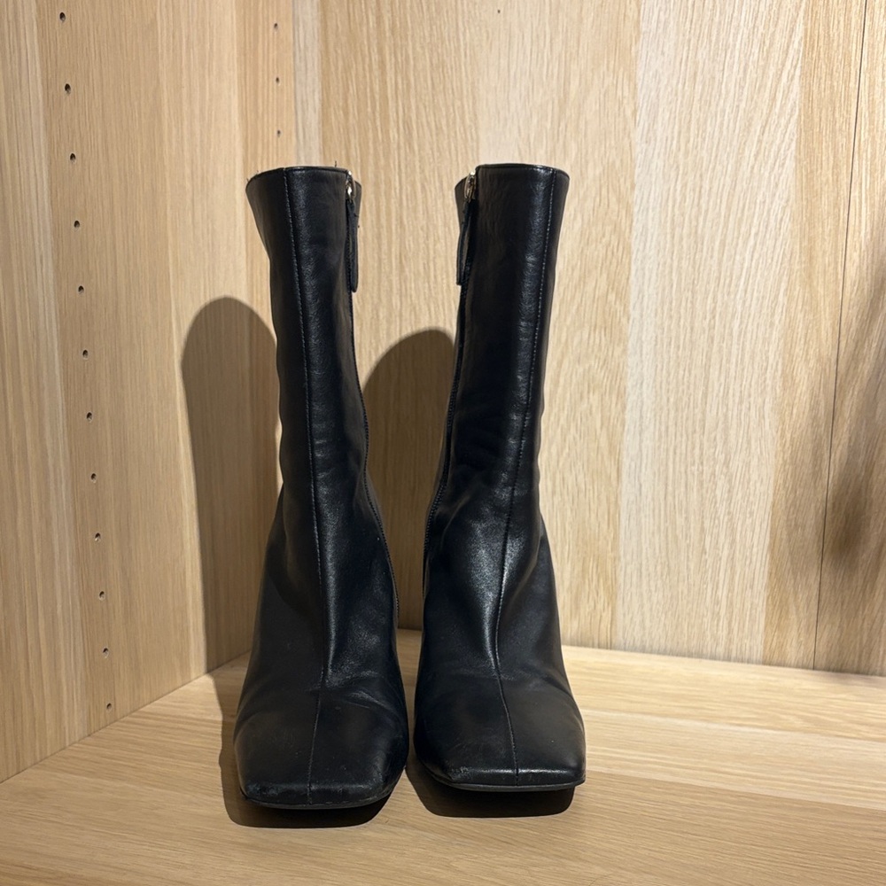Zara Black Leather Square Toe Boots